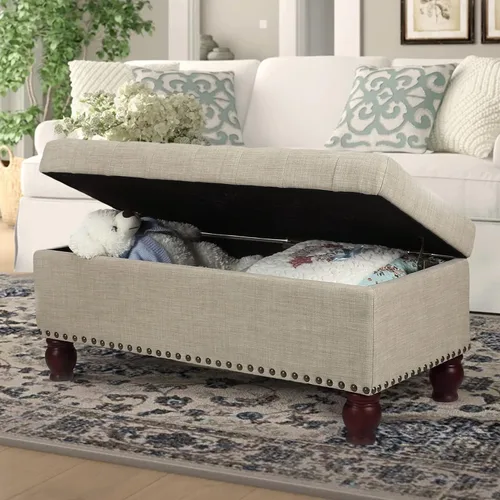 Vista 2 de DecentHome - Banco otomano reposapiés rectangular para almacenamiento, con patas de madera maciza, Tela, Beige
