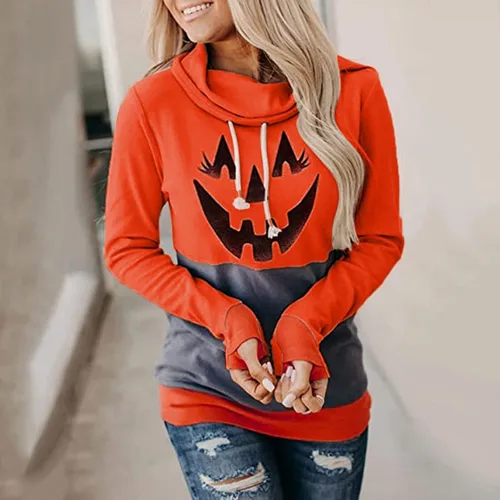 Vista 3 de HPJKLYTR Sudaderas con capucha de Halloween para mujer, diseño de calabaza en 3D, manga larga, bloque de color, cordón de ajuste, ajuste holgado