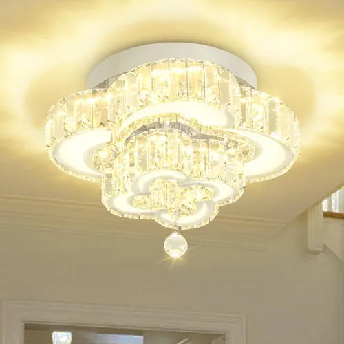 Vista 5 de Flashing God Mini Candelabros de Cristal de 12'' de Diámetro Plateados Lámpara de Techo LED Moderna de Montaje Empotrado con Cristales Lámpara