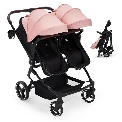 Vista 7 de Tandem - Cochecito doble para recién nacidos y niños pequeños, ligero y compacto, plegable, con reclinación y toldo ajustables, portavasos