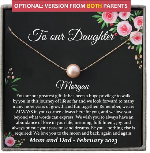 Vista 48 de Collar de hija relleno de oro de mamá o papá, collar clásico de perlas blancas con mensaje significativo, listo para regalar