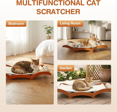 Vista 7 de Cama rascador para gatos 3 en 1 extragrande con 3 bolas de sisal interactivas, poste rascador de madera maciza con juguete, hamaca resistente
