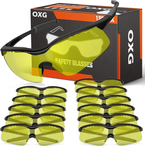 Vista 8 de OXG Paquete de 12 lentes de seguridad, ANSI Z87.1, resistentes a los impactos, antiatascos, para hombres, mujeres y jóvenes