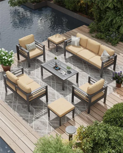 Vista 17 de AECOJOY Juego de muebles de patio de aluminio, muebles modernos de exterior de 5 asientos con mesa auxiliar, 4 piezas de sofá seccional