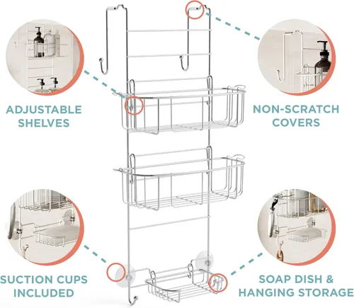 Vista 3 de Zenna Home Organizador de ducha para colgar sobre la puerta de la ducha, estante de acero inoxidable con 2 estantes y ganchos integrados, estante