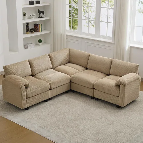 Vista 27 de Sofá modular de 61 pulgadas con otomana, asiento extra profundo para sala de estar, sofá de asiento profundo de pana con almohadas para Beige