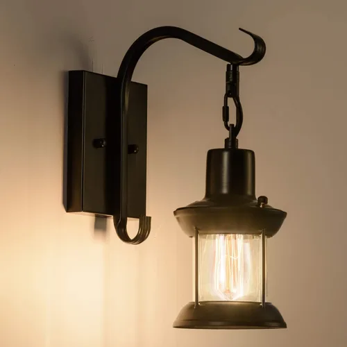Vista 5 de GLADFRESIT Lámparas de pared rústicas, aplique de pared tipo farol enchufable, apliques de pared antiguos negros, luminarias de iluminación de pared