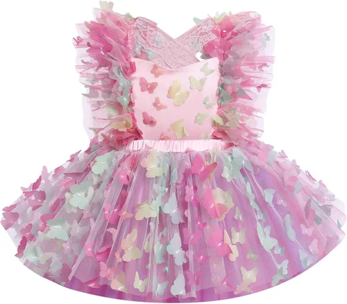 Vista 2 de Vestido para sesión de fotos de fiesta de cumpleaños con espalda descubierta para bebé, niña, mariposa, fresa, volantes, princesa, pastel, fiesta