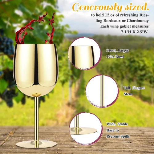 Vista 2 de Irenare Juego de 4 copas de vino de acero inoxidable doradas de 12 onzas, copas de vino de metal irrompibles y portátiles para boda, aniversario