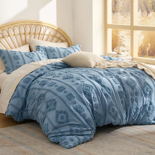 Vista 19 de Bedsure - Juego de edredón individual/King, juego de cama bohemio azul polvo capitoné, 3D, tipo jacquard, 2 piezas: 1 edredón estilo rústico chic