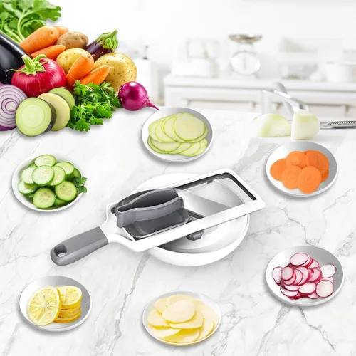 Vista 6 de Cortador de mandolina para cocina, hoja de acero inoxidable ajustable, cortador de verduras, cortador de verduras con agarre antideslizante, gris