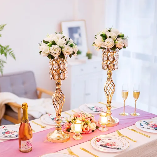 Vista 2 de Jarrón de metal dorado, 10 jarrones de trompeta altos para centros de mesa con cuentas de cristal, jarrón de boda para mesas, decoración del hogar