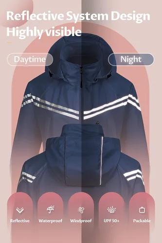 Vista 2 de CREATMO US Chaqueta impermeable para mujer, para correr, reflectante, rompevientos con capucha desmontable