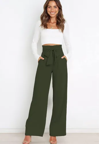 Vista 2 de ebossy Pantalones palazzo elásticos de cintura alta para mujer, pierna ancha, casual, elegante, para negocios, fiesta, pantalones largos con cinturón