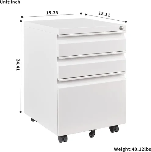 Vista 3 de Archivador móvil de 3 cajones con cerradura, archivador de almacenamiento de oficina para tamaño legal/carta, archivador de metal premontado debajo