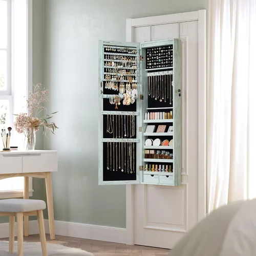 Vista 8 de SONGMICS - Gabinete organizador de joyas con 6 luces LED, para montar en la pared o en la puerta, de 47.3pulgadas de alto, con espejo y 2 cajones