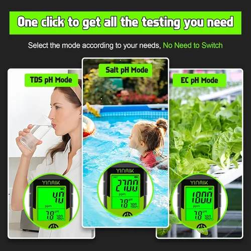 Vista 2 de Probador de Sal para Piscina, Medidor Digital 5 en 1 de pH, TDS, EC y Salinidad con Kit de Solución de Calibración, Visualización Simultánea de ppm