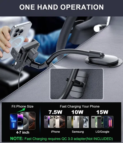 Vista 5 de Cargador de coche inalámbrico, con cuello de cisne ajustable, cargador de automóvil de sujeción automática, tablero de instrumentos