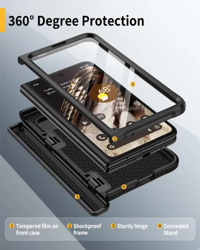 Vista 2 de Lanhiem Funda plegable para Google Pixel, protector de pantalla integrado, protección de bisagra de cuerpo completo, a prueba de golpes, con soporte