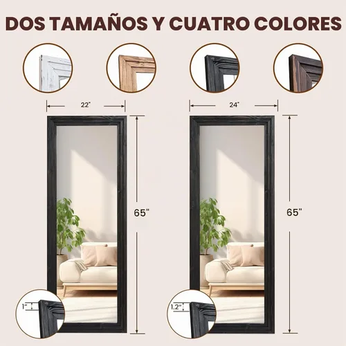 Vista 6 de Espejo de longitud completa de 65 x 22 pulgadas con marco de madera maciza para piso con soporte para colgar, poner de pie o apoyar contra la pared