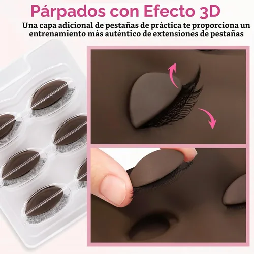 Vista 3 de 3 pares de párpados de práctica de pestañas de 2 capas para cabeza de maniquí, goma de silicona, párpados de extensión de pestañas realistas Oscuro