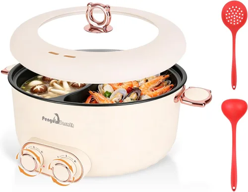 Vista 10 de Olla caliente eléctrica con vaporizador, cocina de fideos rápidos, olla caliente eléctrica interior de cerámica portátil de 1.8L