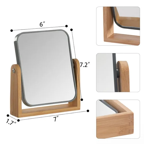 Vista 6 de YEAKE Espejo de maquillaje de doble cara con aumento 3X con soporte de bambú, pequeño espejo de mesa de escritorio con rotación de 360°, espejo