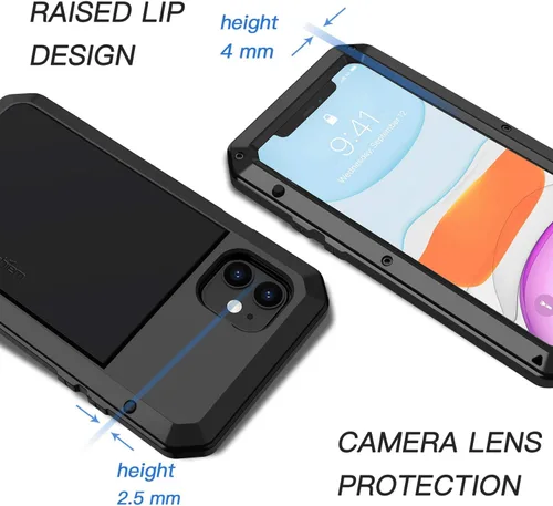 Vista 4 de Lanhiem Funda de metal para iPhone 11, resistente a los golpes, resistente a los golpes, con protector de pantalla de vidrio integrado, funda Negro