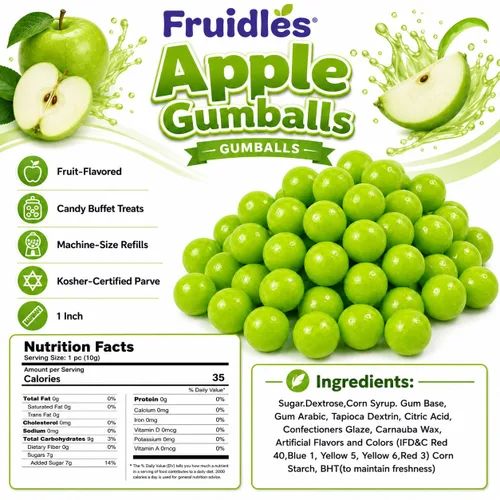 Vista 2 de Fruidles Bolas de goma con sabor a frutas, golosinas de bufé de dulces, repuestos de tamaño de máquina, certificado Kosher Parve, 1 pulgada