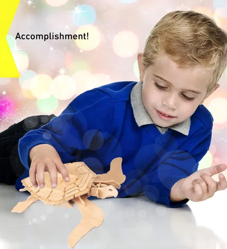 Vista 6 de Puzzled Rompecabezas 3D de madera de tortuga verde, kit de modelo de construcción de manualidades, divertido juguete educativo único de madera