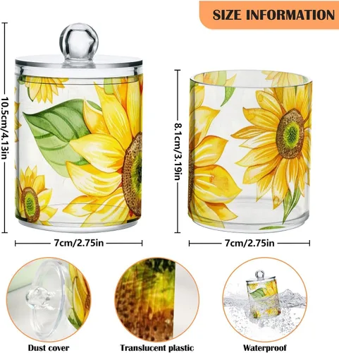 Vista 4 de Paquete de 2 dispensadores porta-hisopos Qtip para bolas de algodón, girasol amarillo, hisopos de algodón, almohadillas redondas de algodón, juego