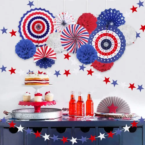 Vista 3 de MOVINPE Juego de decoraciones patrióticas para fiestas del 4 de julio, abanicos de papel para colgar con la bandera estadounidense, bolas de flores