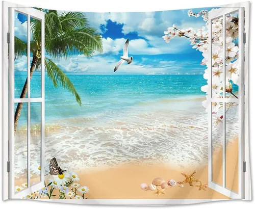 Vista 20 de HVEST Tapiz de playa para colgar en la pared, paisaje tropical azul océano, tapiz natural para dormitorio, palmera verde con cielo azul, nube