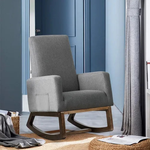 Vista 4 de GIANTEX Mecedora tapizada para sala de estar con respaldo y asiento acolchados, base de madera, mecedora para guardería, oficina en casa y uso Gris