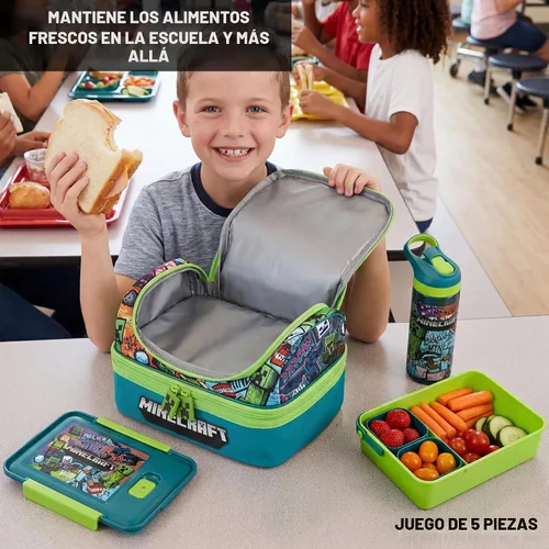 Vista 3 de Get Trend Minecraft - Lonchera infantil de 3 piezas con bolsa de almuerzo aislada, caja Bento con dos mini ollas y botella de agua de 20 onzas Multi