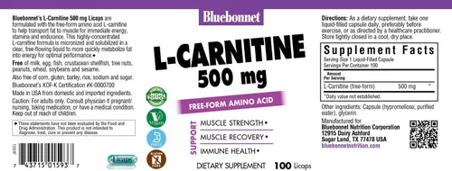 Vista 2 de Bluebonnet Cápsulas líquidas de L-carnitina de 500 mg, 100