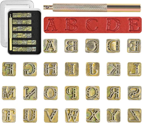 Vista 8 de BESTNULE Kit de estampado de cuero, juego de 37 piezas con 26 letras mayúsculas (0.217 in), 10 números (0.236 pulgadas) y mango de estampado
