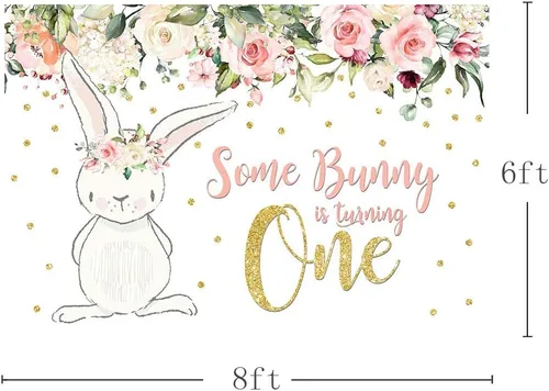 Vista 2 de MEHOFOTO - Telón de fondo para fiesta de cumpleaños de 8 x 6 pies, diseño floral rosa con purpurina dorada con texto en inglés "Some Bunny One Girl