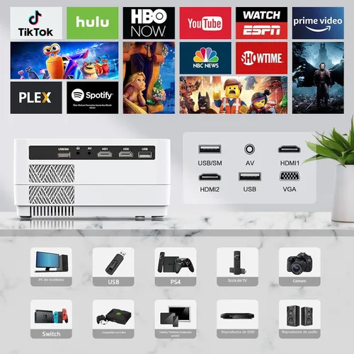 Vista 7 de Proyector Native 1080P con WiFi 6 y Bluetooth bidireccional, proyector de video Full HD para películas al aire libre, proyector de pantalla de 300