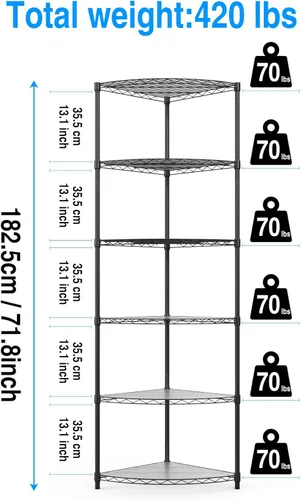 Vista 3 de Estantería de alambre esquinero NSF de 6 niveles, 18 x 18 x 72 pulgadas, capacidad de 420 libras, estante de almacenamiento de metal ajustable