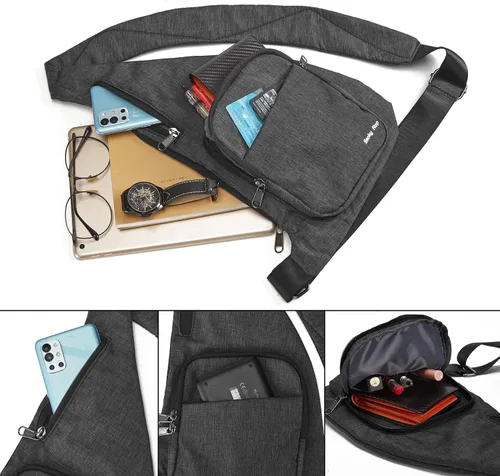 Vista 5 de Seoky Rop Bolso bandolera delgado para hombres y mujeres, ultrafino, con bolsillo personal, bolsa de hombro cruzada para viajes y correr, Gris