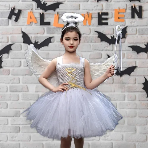 Vista 3 de GuliriFei Disfraz de ángel de Halloween para niñas, incluye alas de plumas, diadema de halo, varita mágica, falda tutú, disfraz de hada