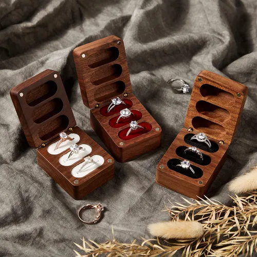 Vista 2 de Always & Forever - Caja de 3 ranuras para boda, ceremonia, compromiso, cumpleaños, caja de portador de anillos de madera de nogal grabada, forro