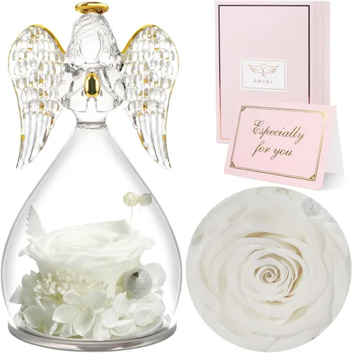 Vista 29 de Sunia Regalos para mamá, regalos de cumpleaños para mujeres, rosas reales preservadas en figura de ángel de cristal, flores eternas para la entrega