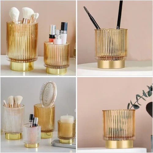 Vista 4 de Thickened Amber Glass Makeup Brush Holder Large Pen and Cosmetic Organizer for Vanity Desktop Storage