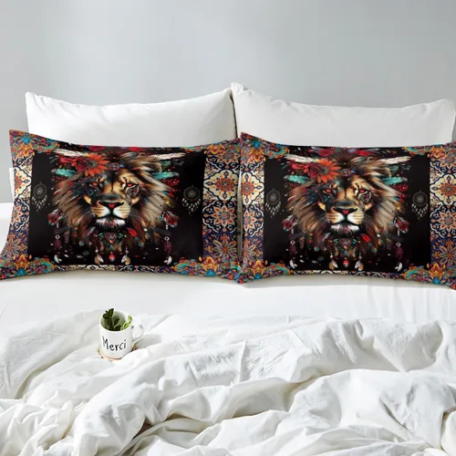 Vista 5 de Funda de edredón de león, juego de ropa de cama con estampado de mandala para niños, funda de edredón bohemia para niños y niñas, decoración