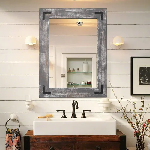 Vista 14 de YOSHOOT Espejo de pared con marco de madera rústica, espejo de tocador de baño de madera natural para decoración de granja, colgante vertical u Negro