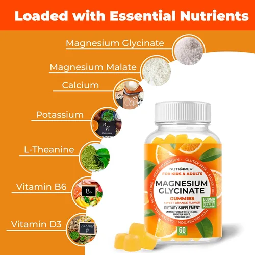 Vista 3 de NutraPep Gomitas de glicinato de magnesio para niños y adultos, mujeres y hombres, sin azúcar, sin gluten, sin OMG, vegano, suplemento masticable