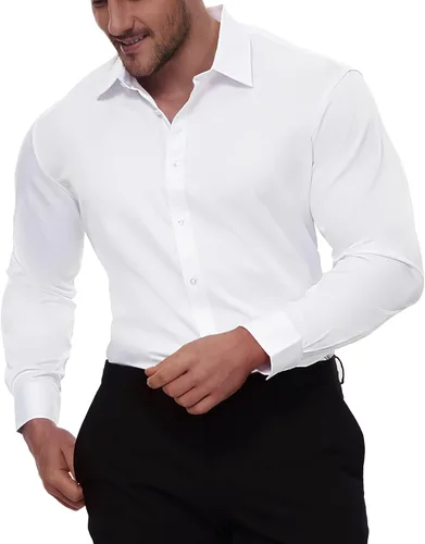 Vista 9 de Alimens & Gentle Men's Dress Shirts Long Sleeve Stretch Wrinkle-Free Solid Business Formal Casual Button Down Shirt