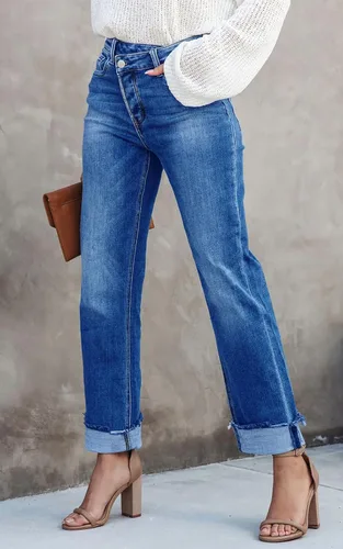 Vista 3 de PLNOTME Pantalones de mezclilla de cintura alta para mujer, pierna recta, elásticos, casuales, con puños